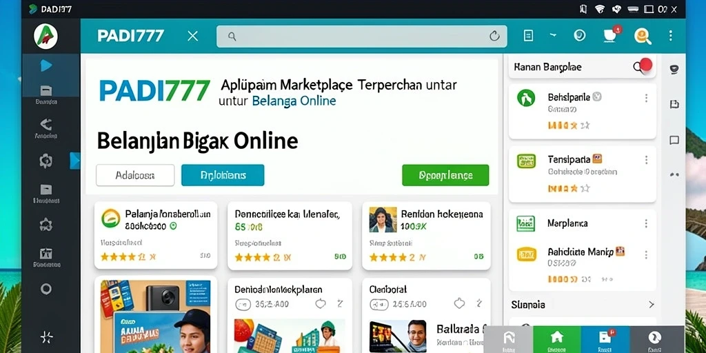 Antarmuka aplikasi PADI777 dengan berbagai kategori produk marketplace.